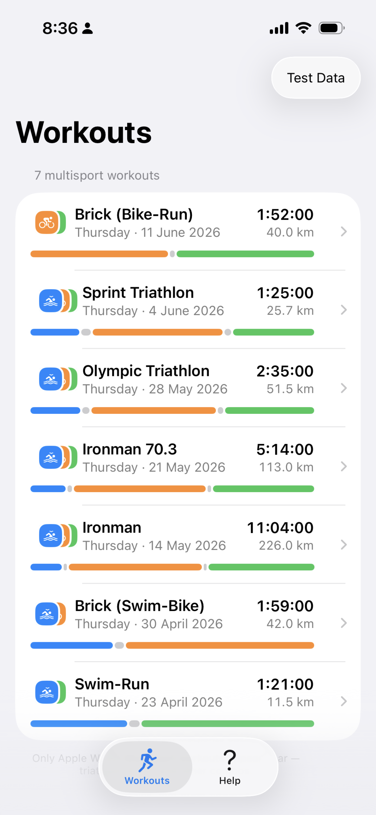 TriExport workouts list