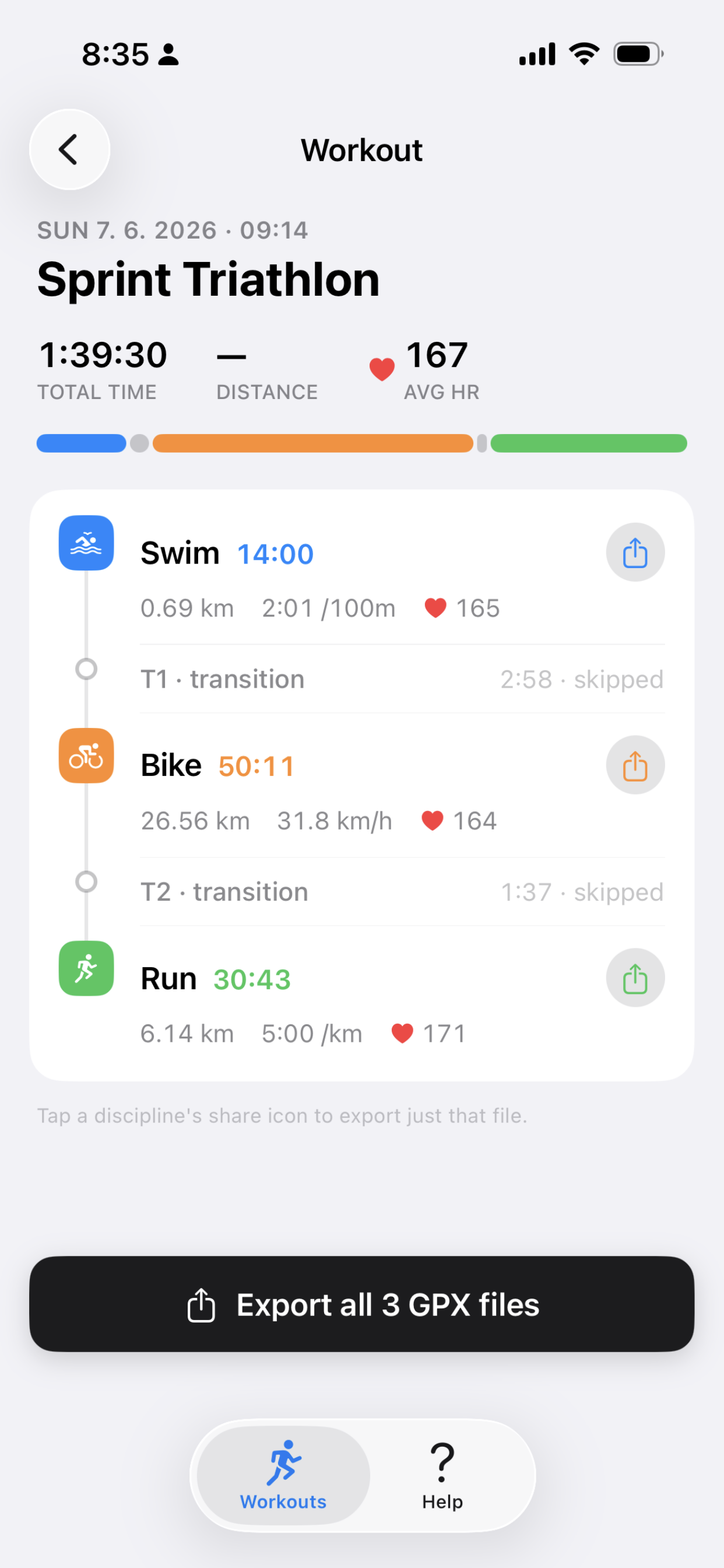 TriExport workout detail showing swim, bike, and run segments
