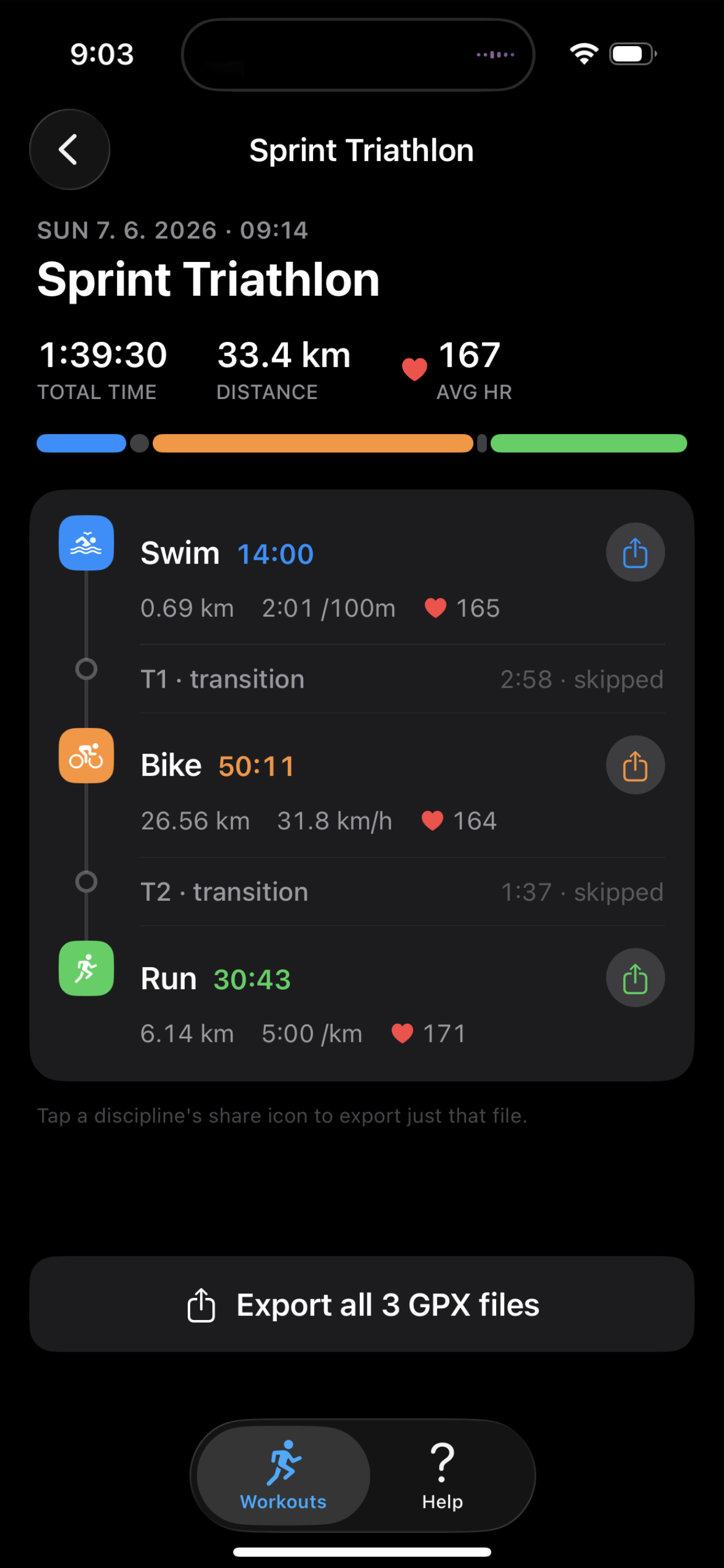 TriExport export view with share buttons